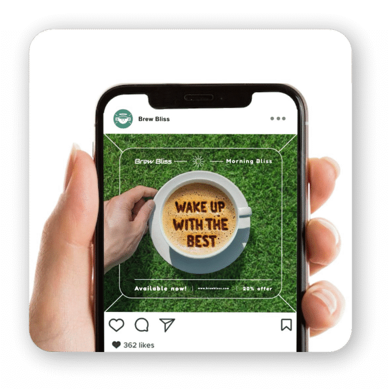 Brew Bliss social media design created by Tekando team, showing coffee cup photo on smartphone screen
