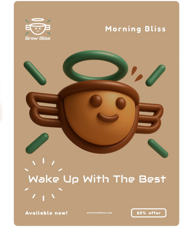 Brew Bliss social media design created by Tekando team, showing a cartoon cup of coffee smiling